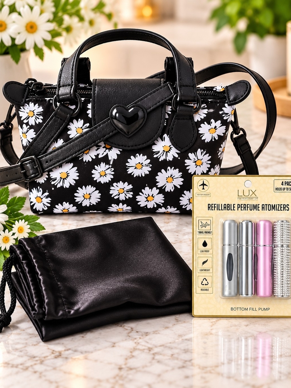Betsey Johnson Black Daisy Print Crossbody with Heart Accent - Bundle - NWT